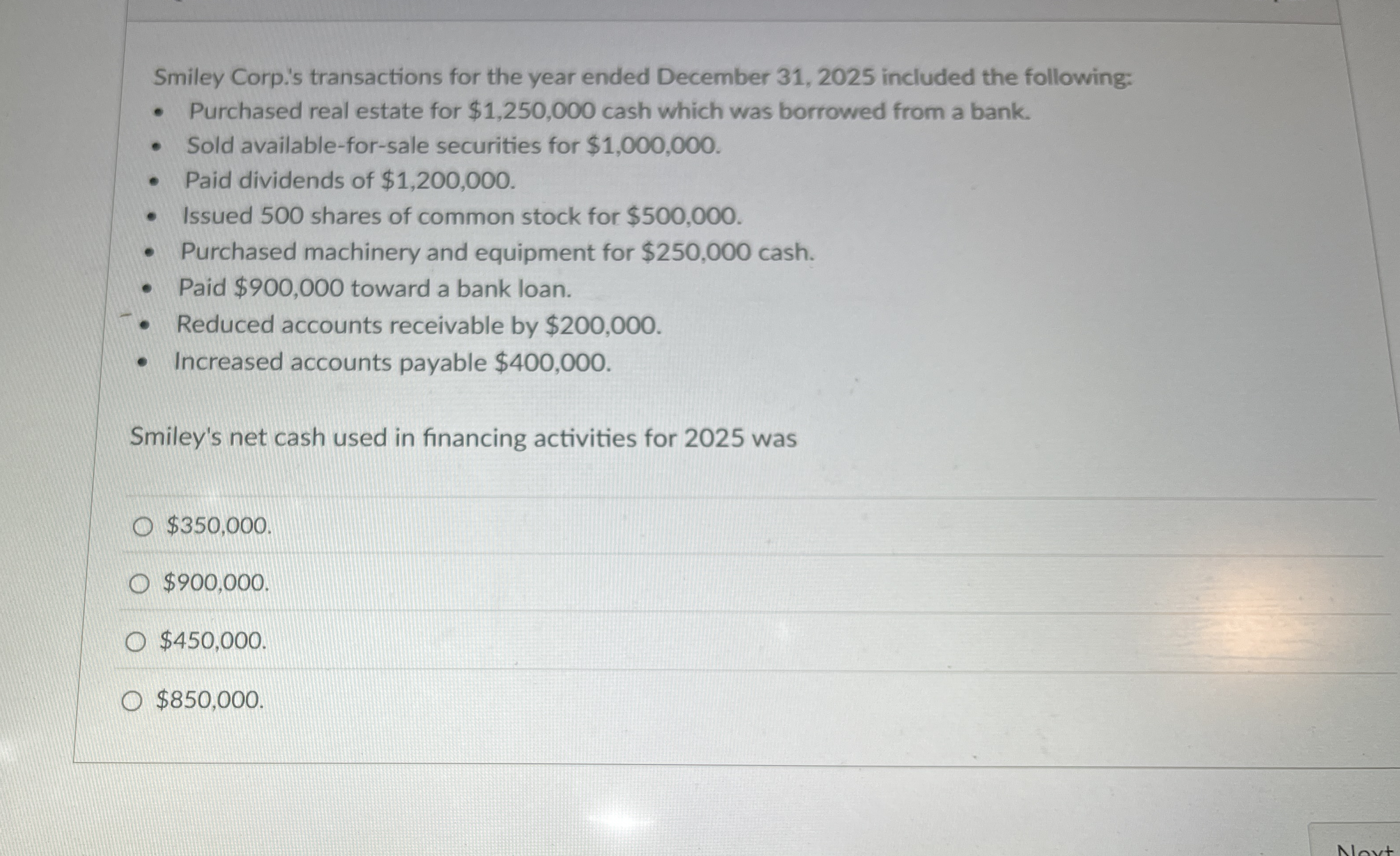 Smiley Corp. ' s transactions for the year ended