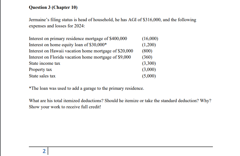 Question 3 (Chapter 10) Jermaine's filing status