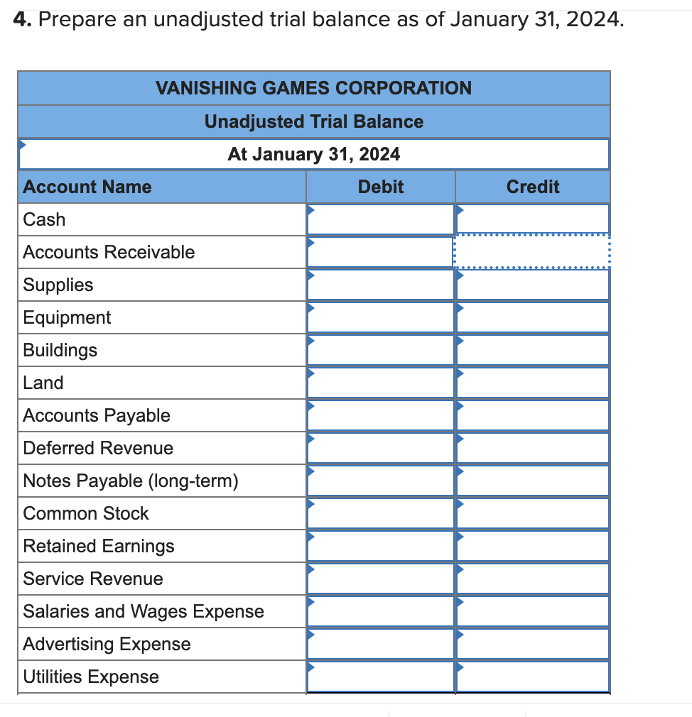 4 . Prepare an unadjusted trial balance as of