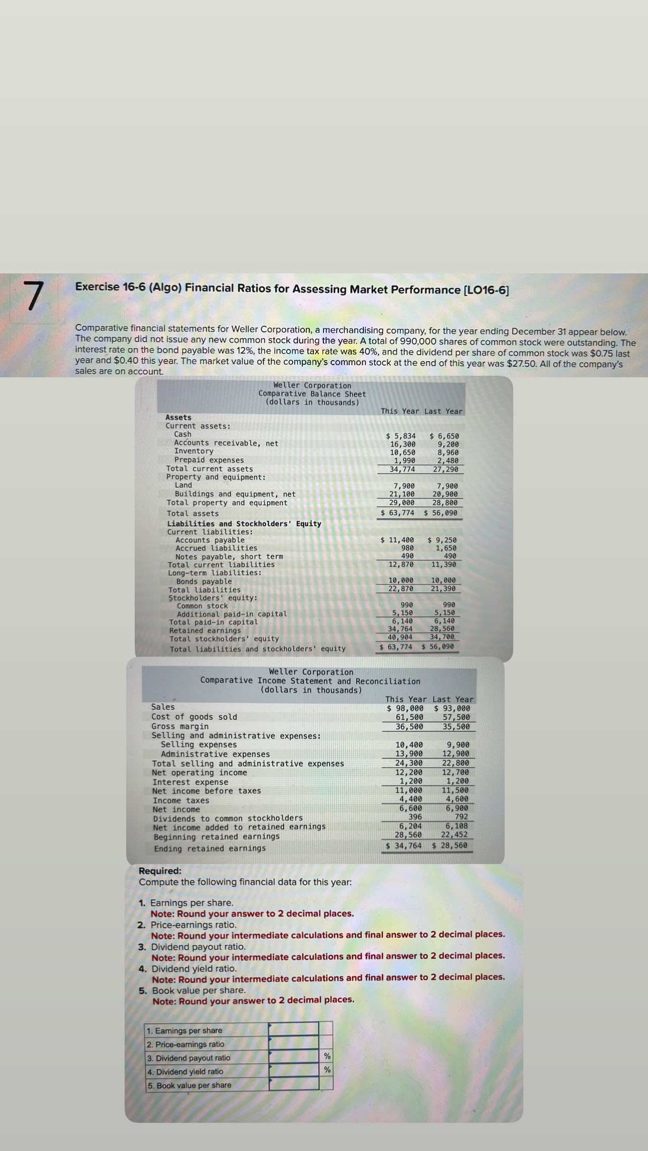 Exercise 1 6 - 6 ( Algo ) Financial Ratios for