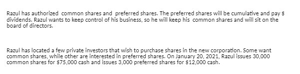 Razul has authorized common shares and preferred