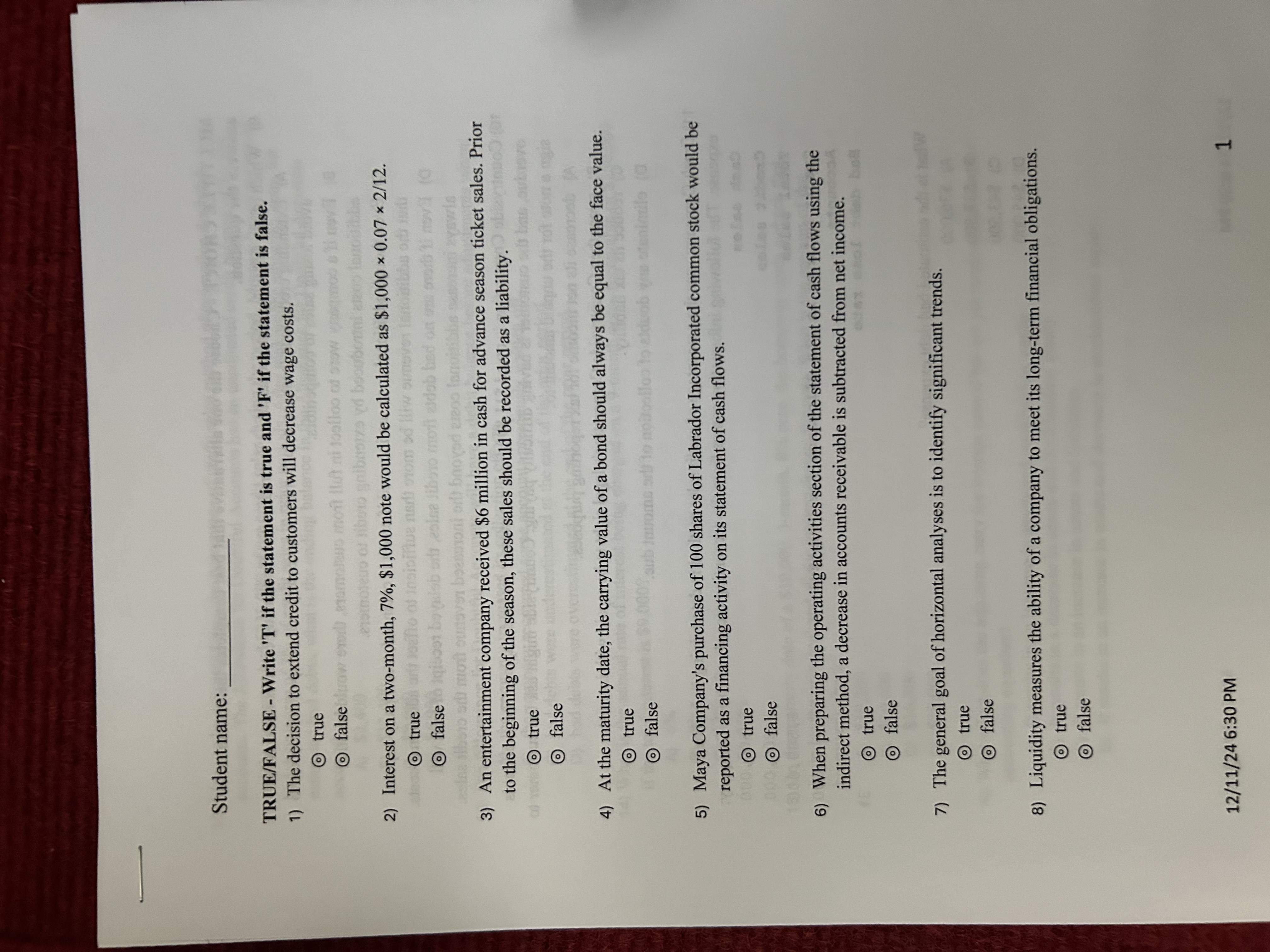 Student name: TRUE / FALSE - Write ' T ' if the