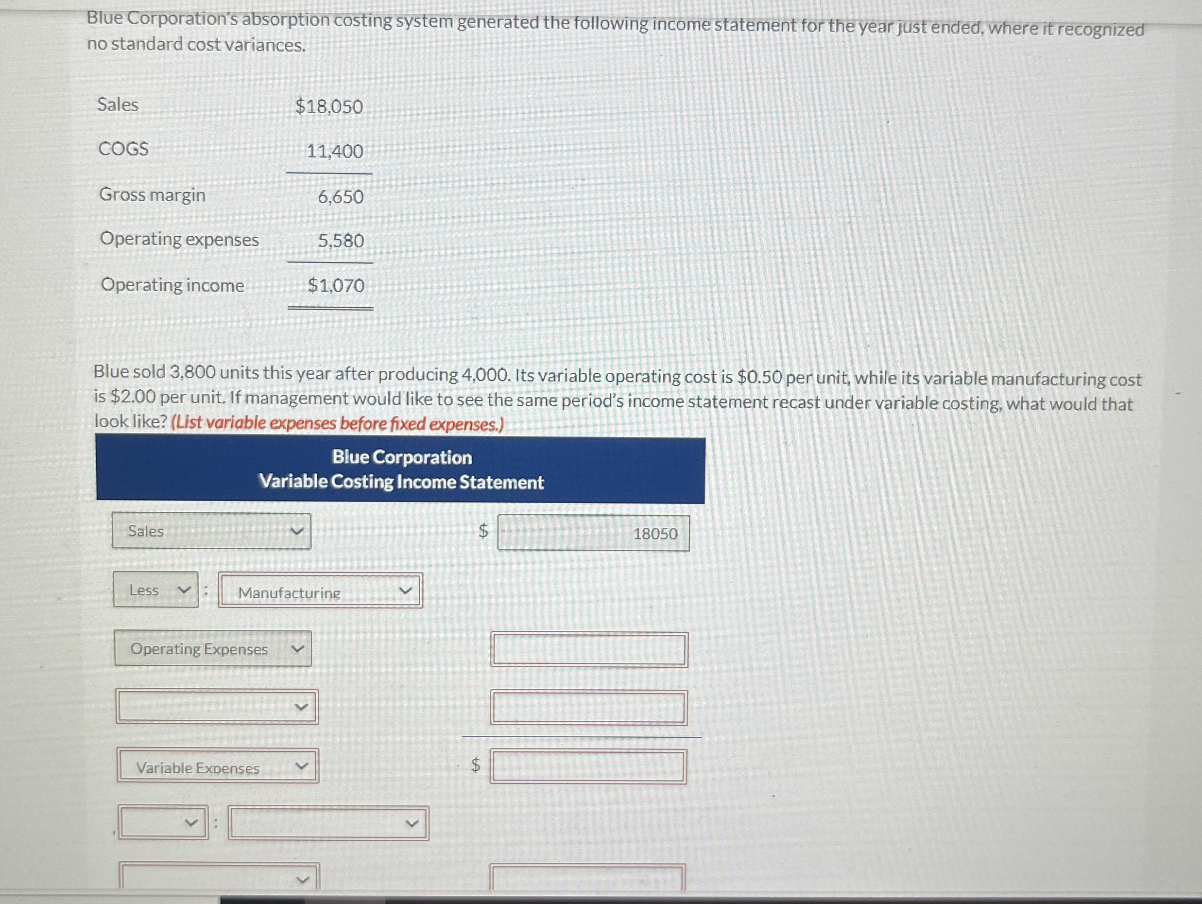 Blue Corporation's absorption costing system