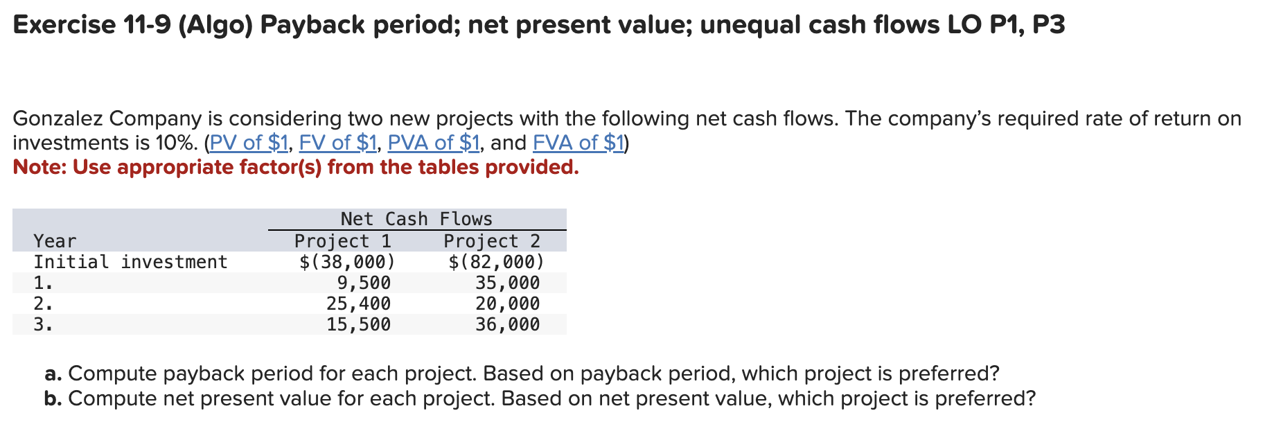 Exercise 1 1 - 9 ( Algo ) Payback period; net