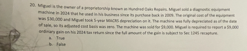 Miguel is the owner of a proprietorship known as