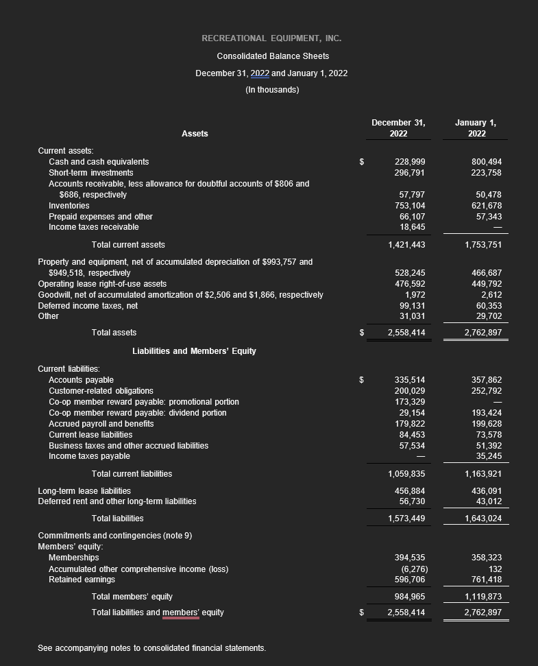 RECREATIONAL EQUIPMENT, INC. Consolidated Balance