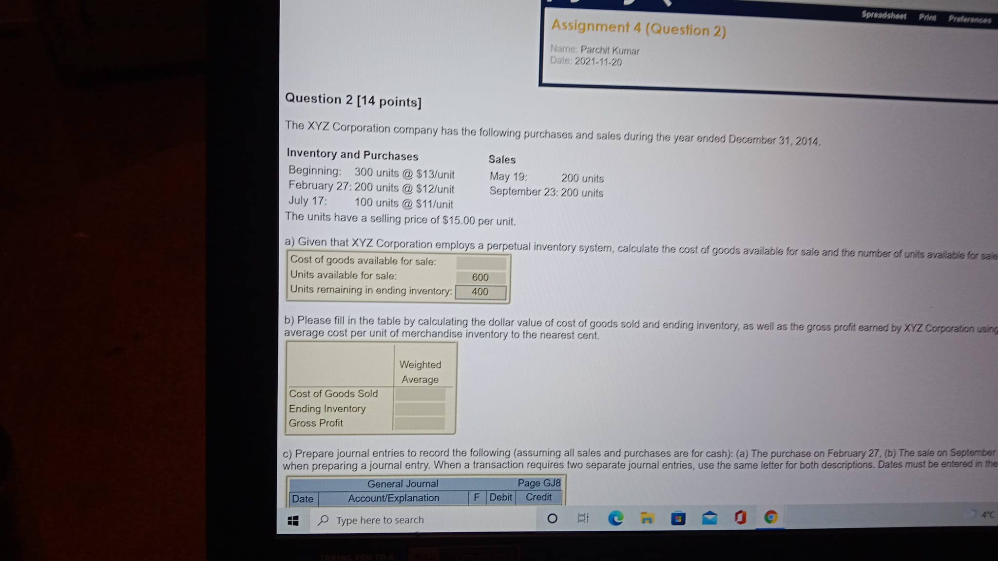 Spreadsheet Print Preferences Assignment 4