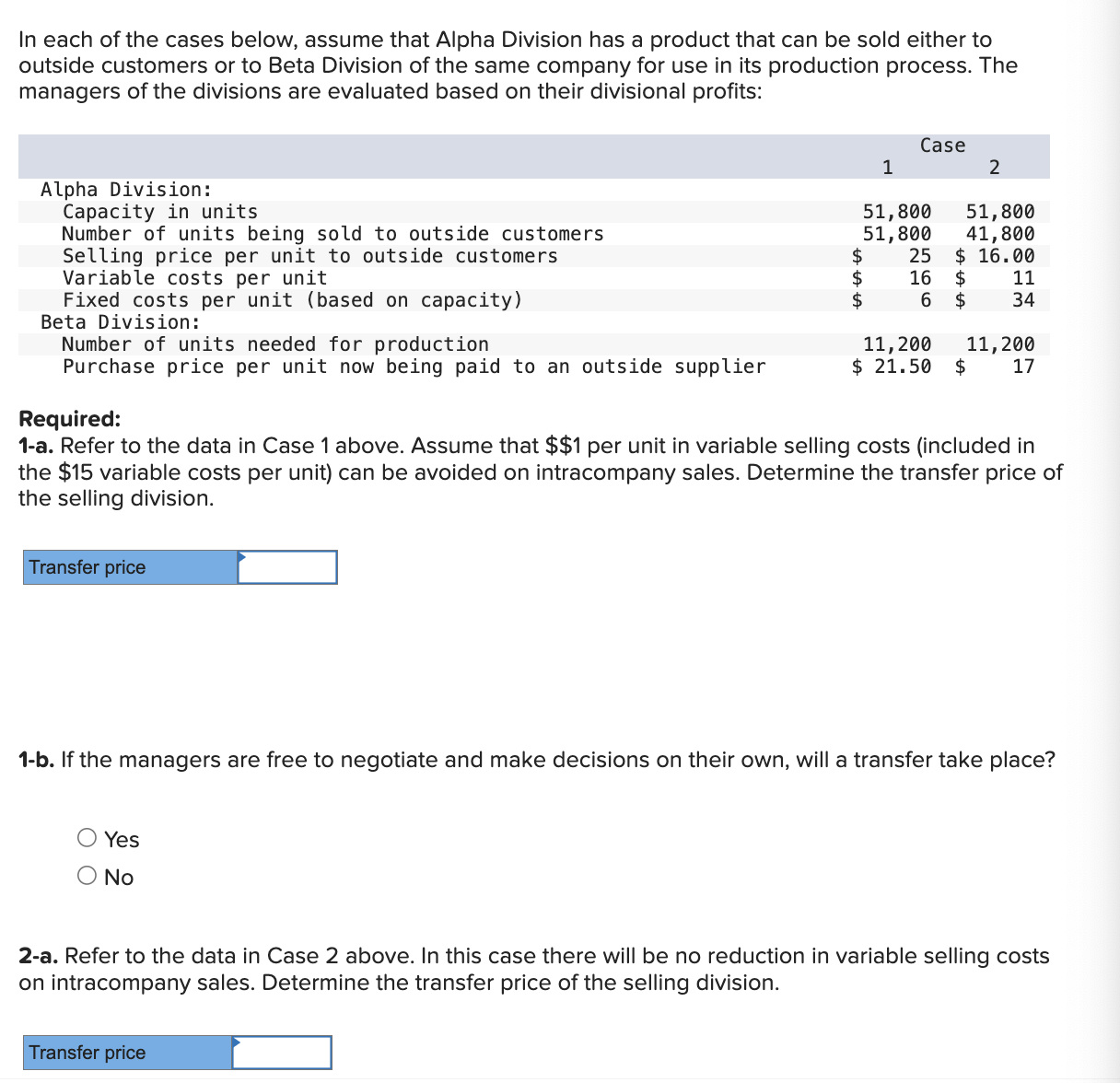 In each of the cases below, assume that Alpha