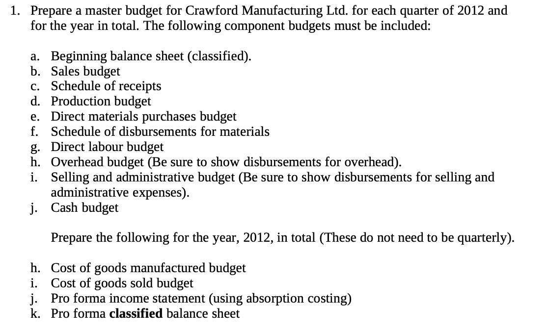 1. Prepare a master budget for Crawford