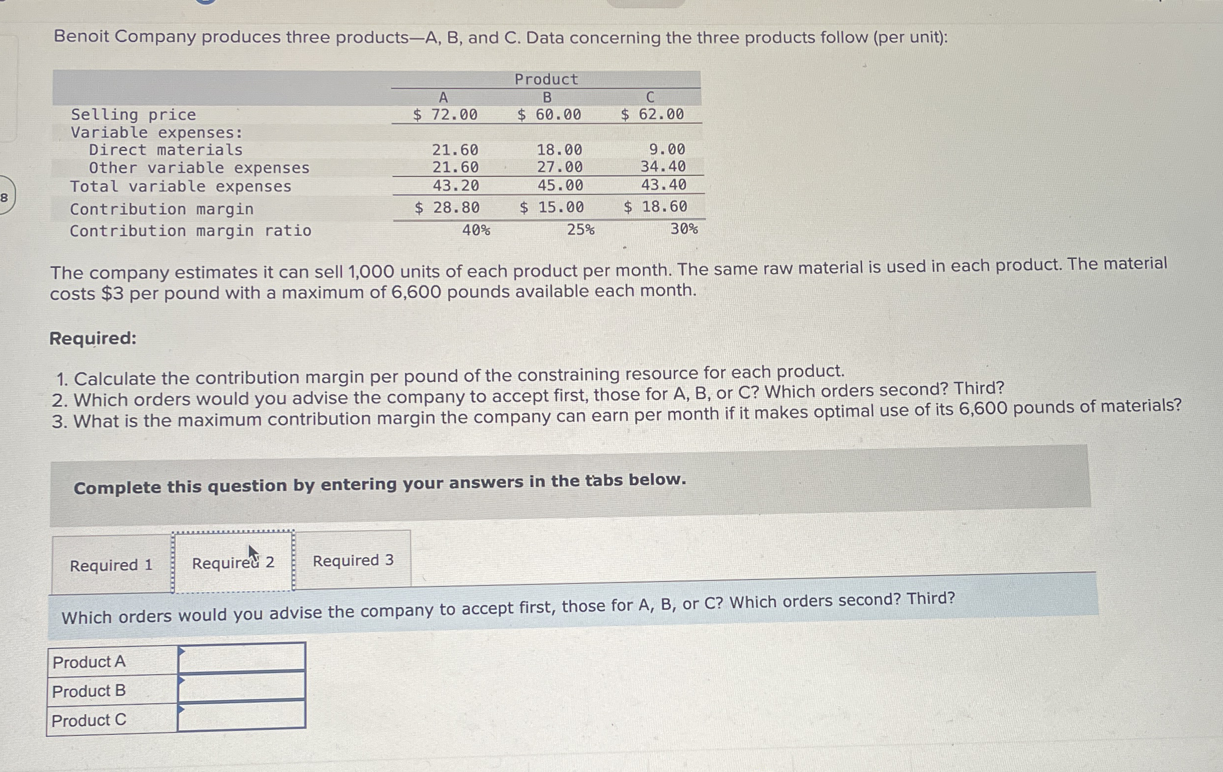 Benoit Company produces three products - A , B ,