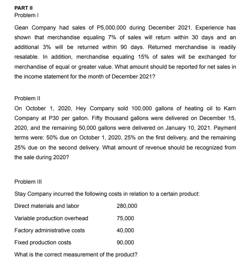 PART II Probleml Gean Company had sales of