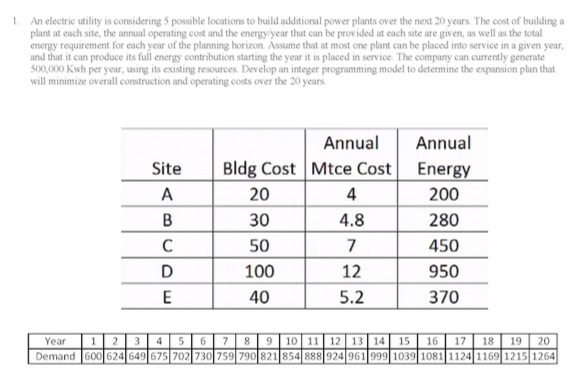 1. An electric utility is considering 5 possible
