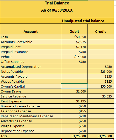 Trial Balance As of 0 6 / 3 0 / 2 0 XX \ begin {