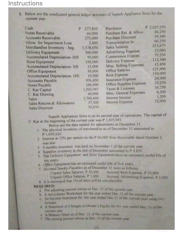 Instructions 1. Below are the unadjusted general