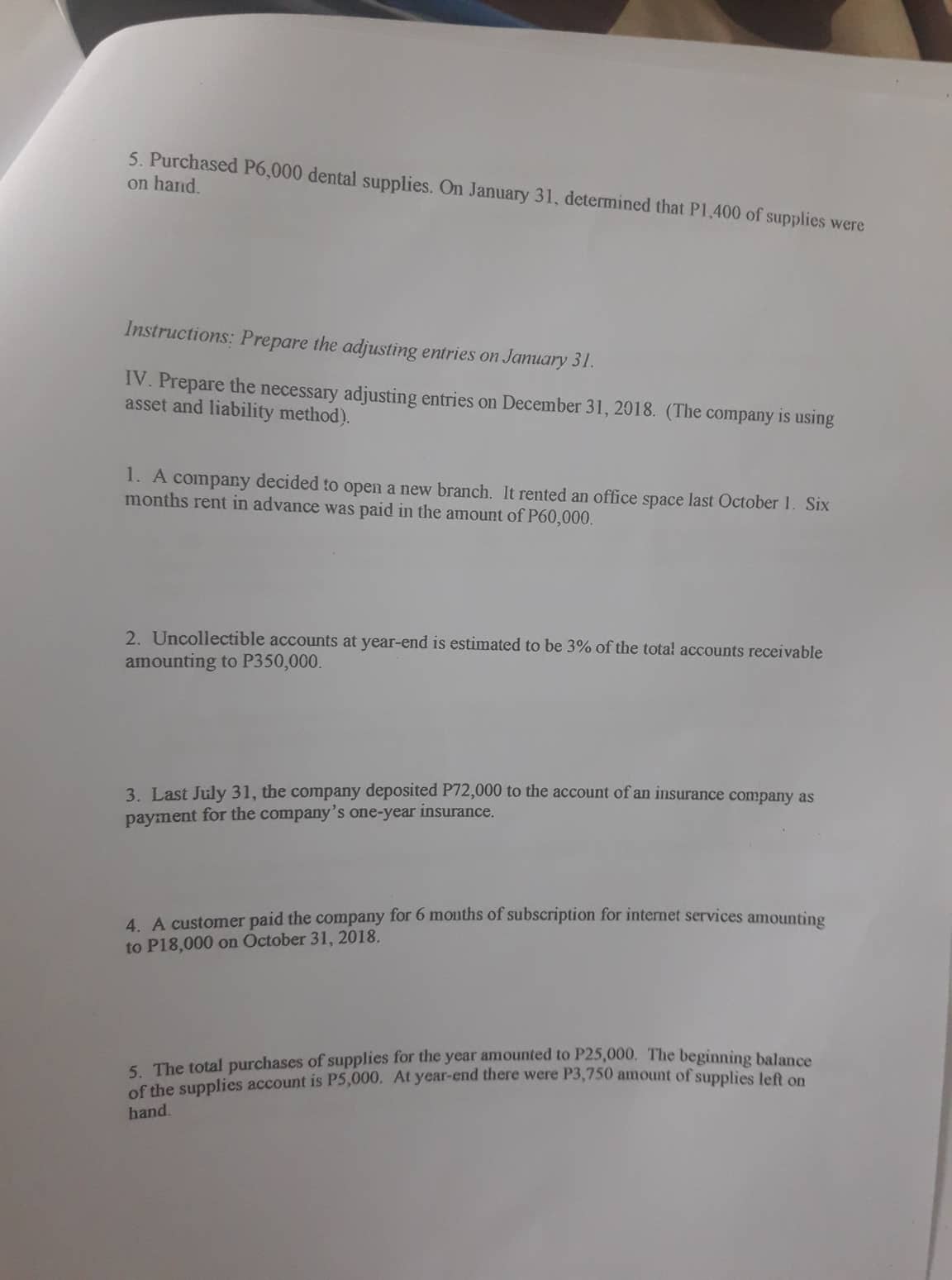 on hand. 5. Purchased P6,000 dental supplies. On