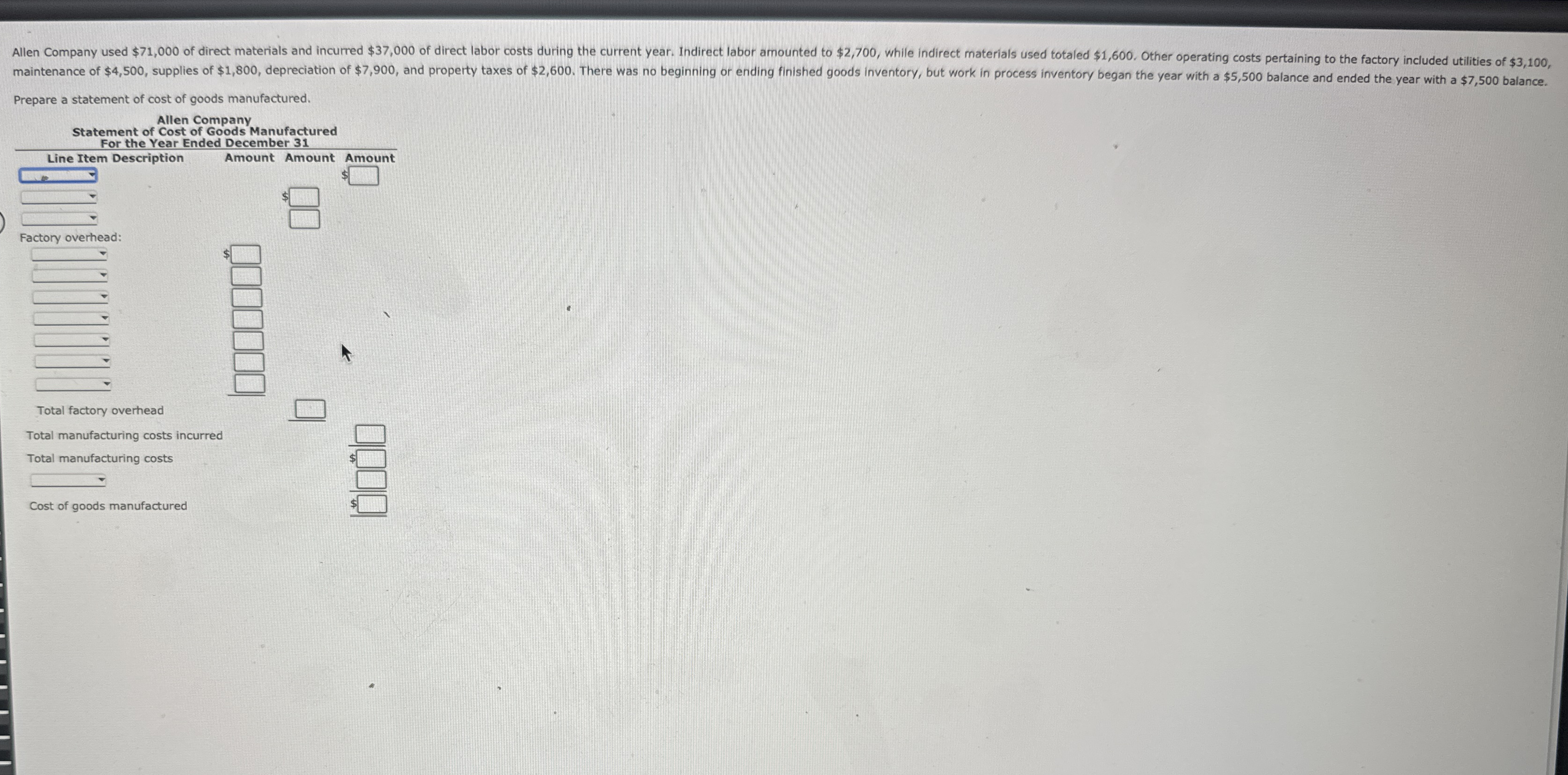 Prepare a statement of cost of goods