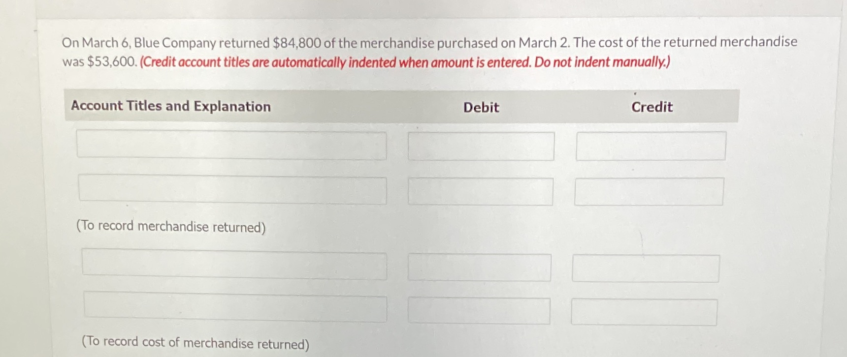 On March 6, Blue Company returned $84,800 of the
