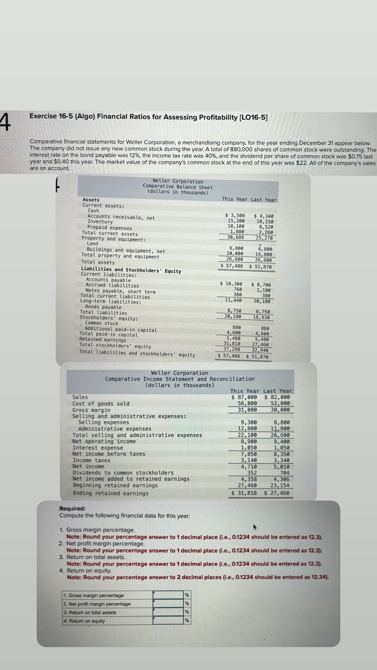 Exercise 1 6 - 5 ( Algo ) Financial Ratios for