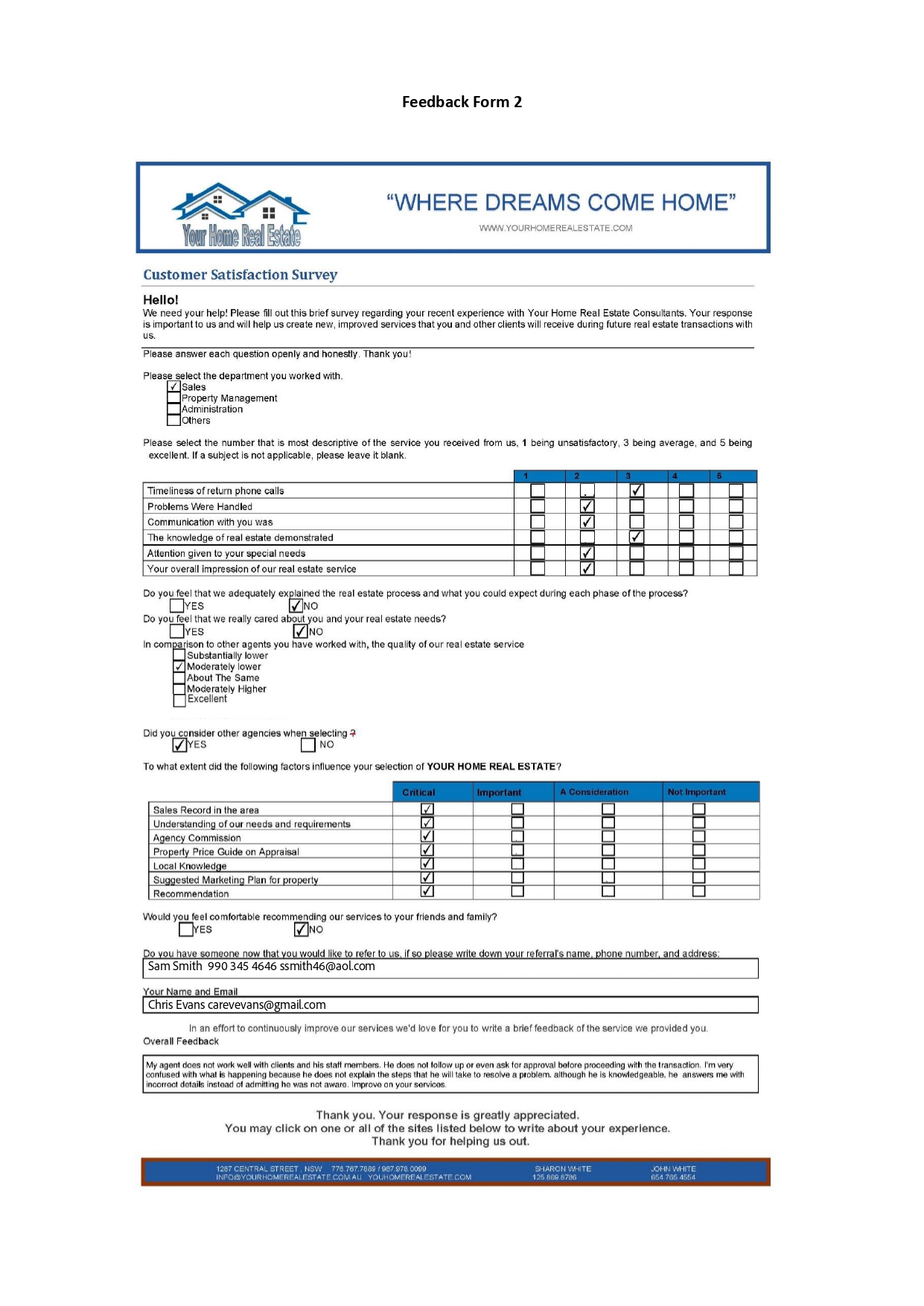 Feedback Form 1 "WHERE DREAMS COME HOME" Your Ho