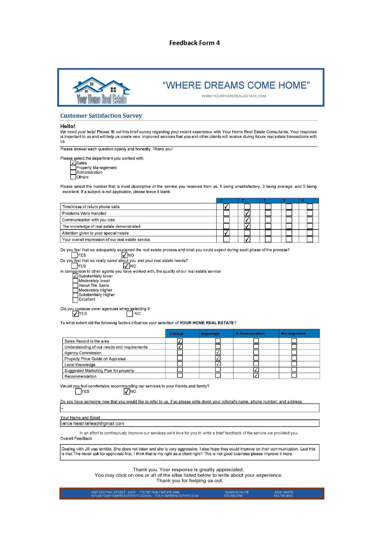 Feedback Form 1 "WHERE DREAMS COME HOME" Your Ho