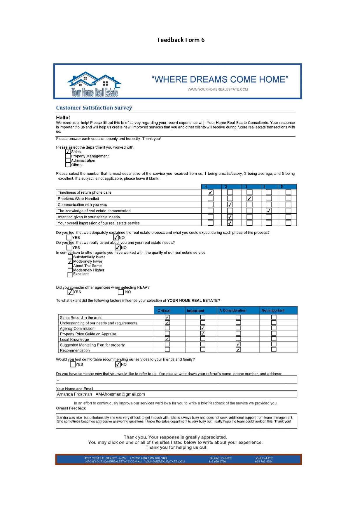 Feedback Form 1 "WHERE DREAMS COME HOME" Your Ho