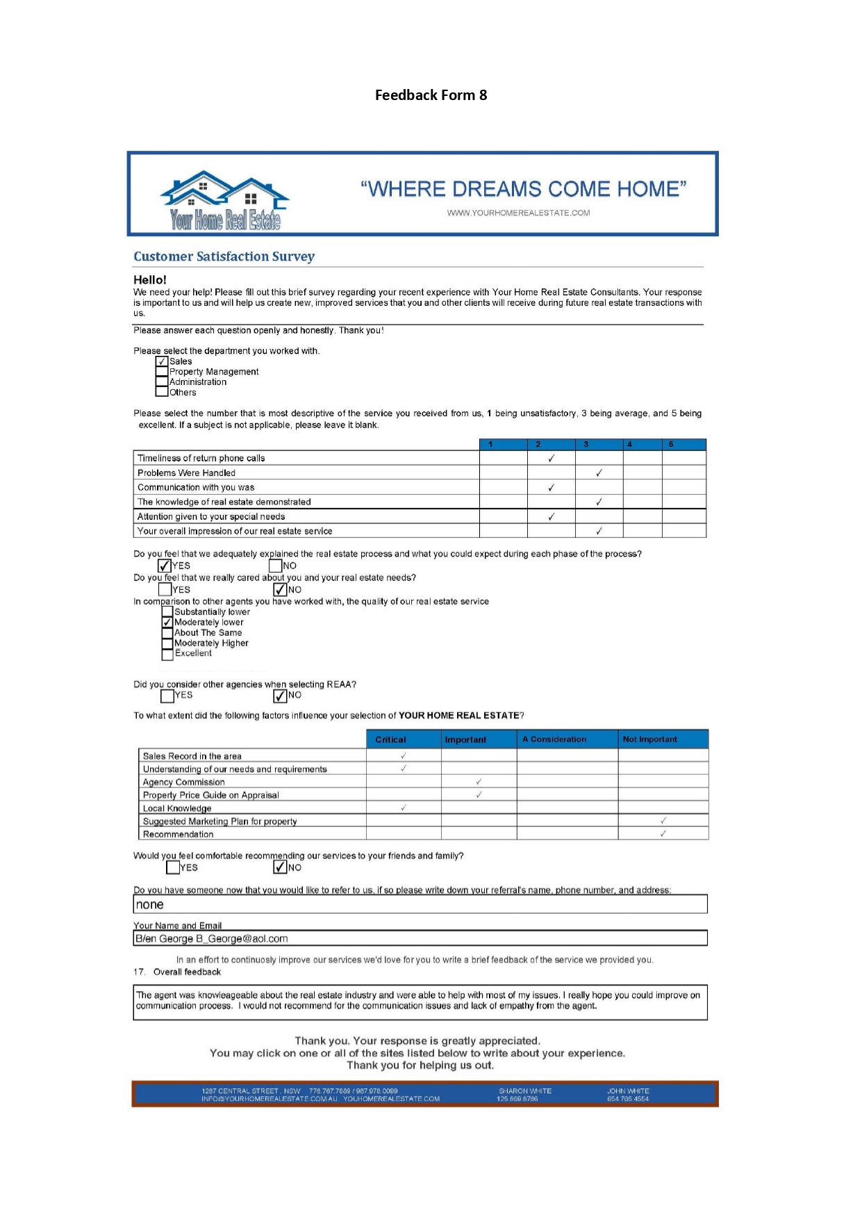 Feedback Form 1 "WHERE DREAMS COME HOME" Your Ho