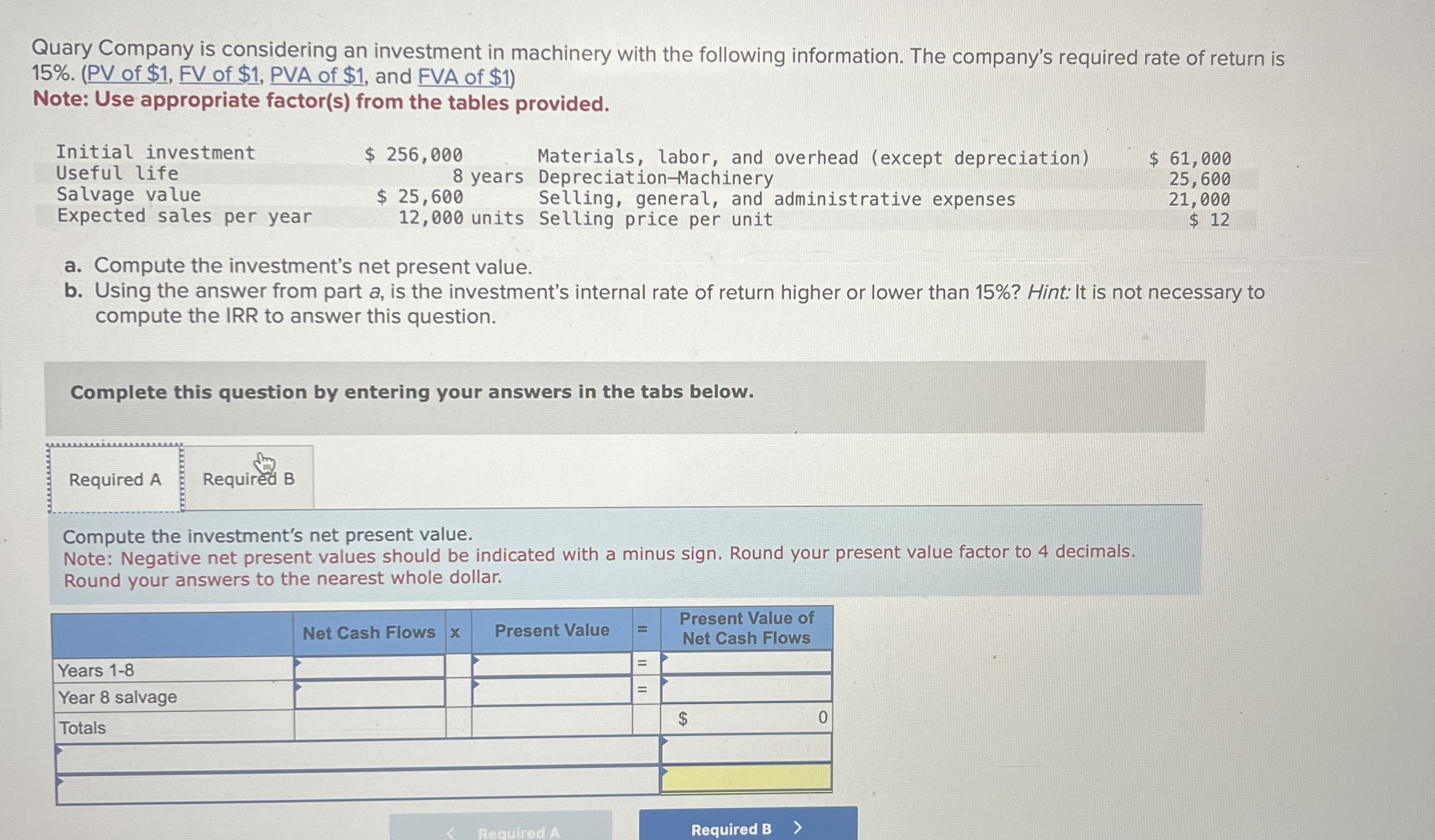Quary Company is considering an investment in