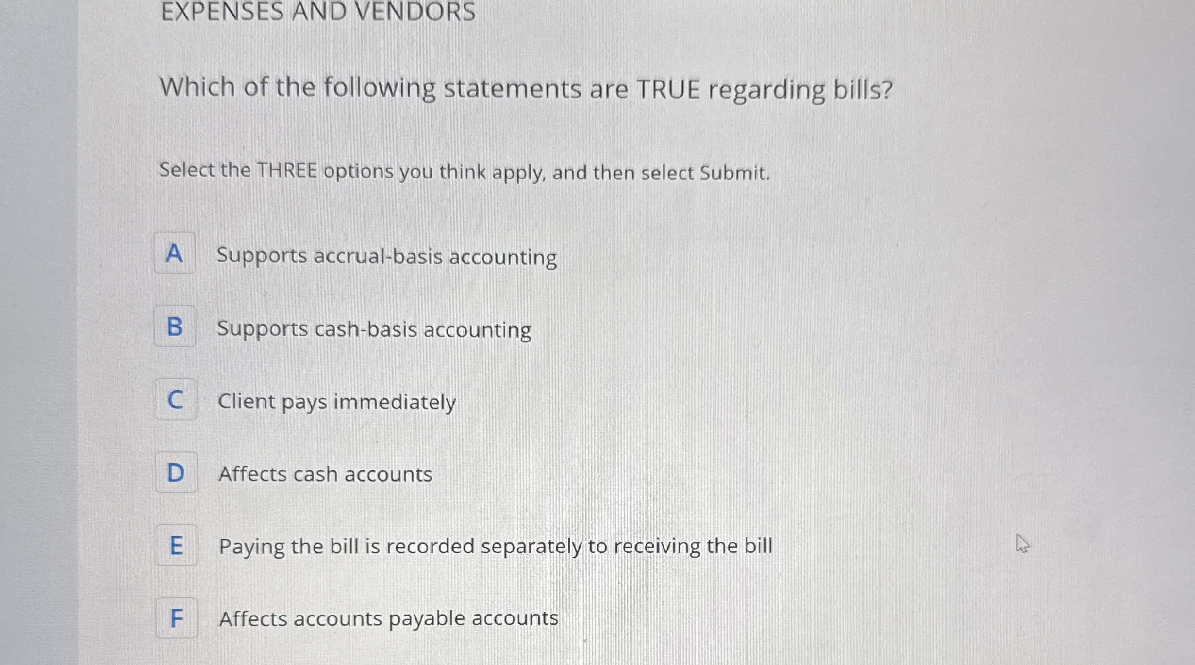 EXPENSES AND VENDORS Which of the following