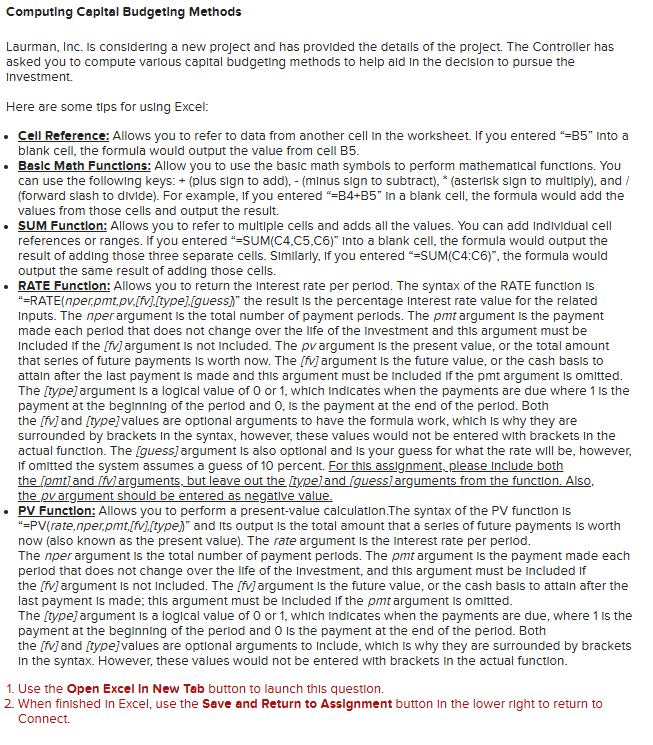 Computing Capltal Budgeting Methods Laurman, Inc.