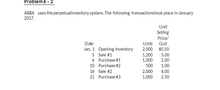 Problem 6 - 2 ABBA uses the perpetualinventory