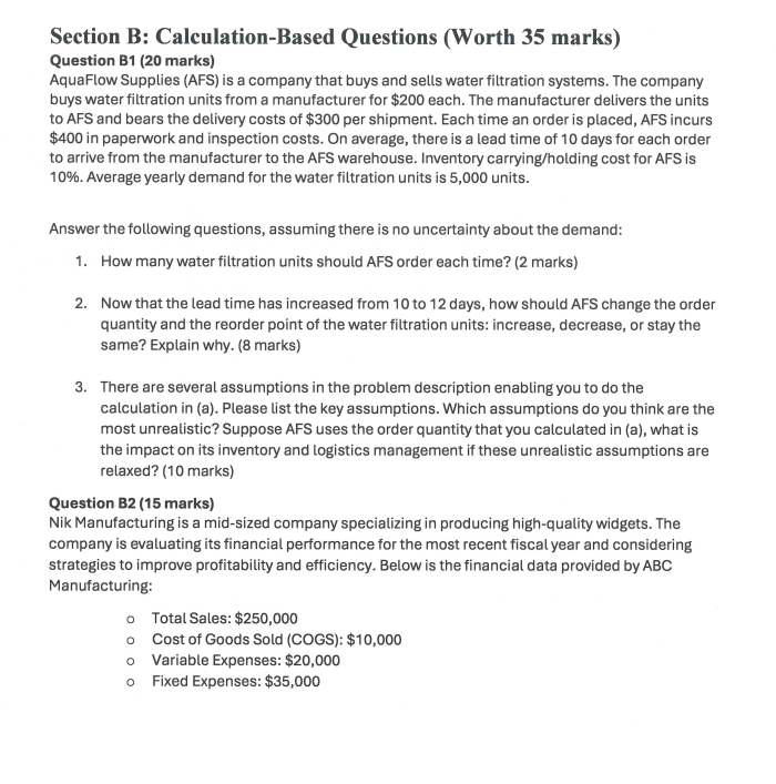 Section B: Calculation-Based Questions (Worth 35