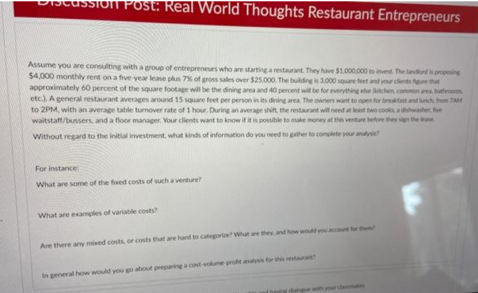 DISCUSSION Post: Real World Thoughts Restaurant