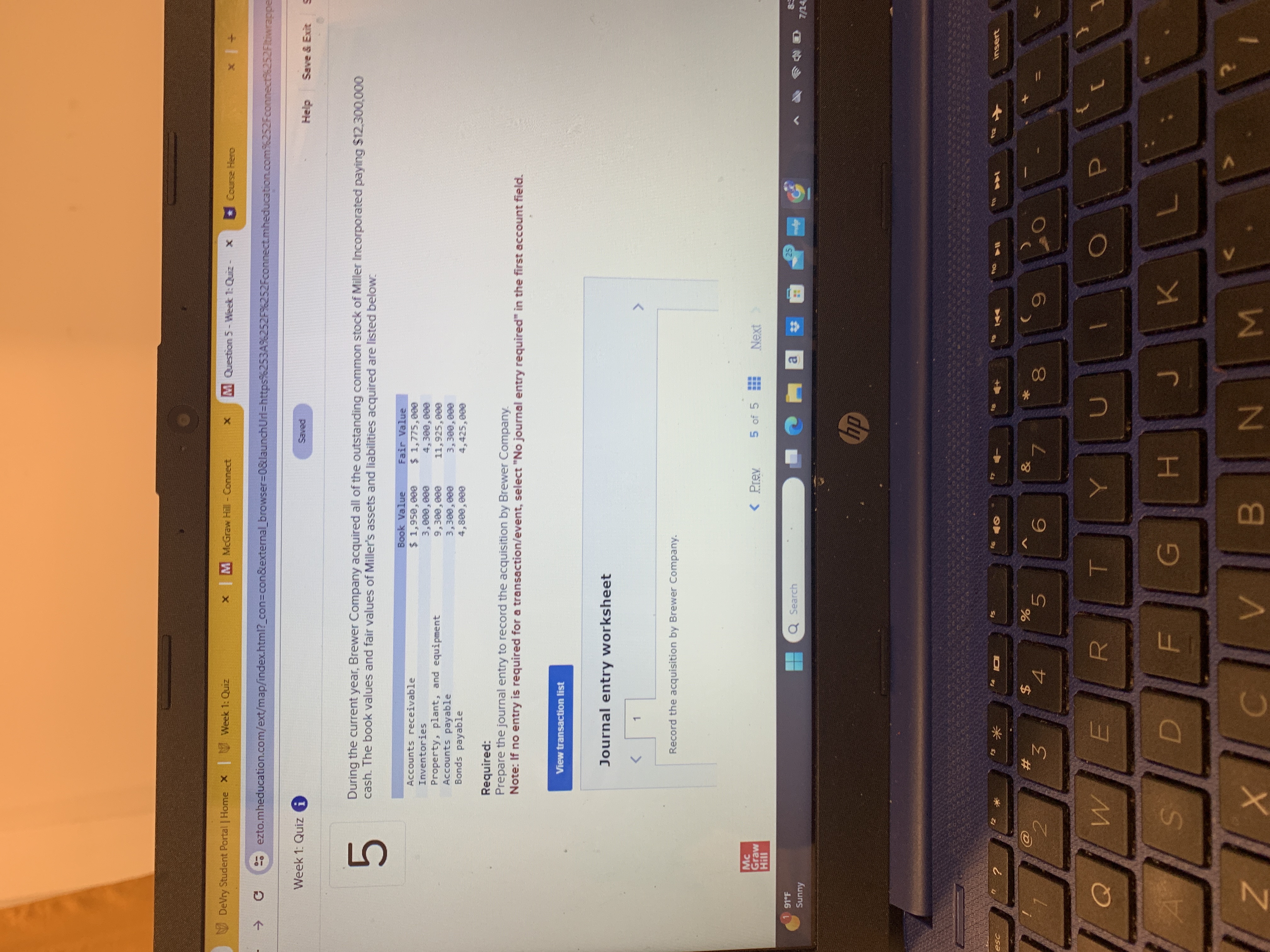 DeVry Student Portal | Home x | Week 1: Quiz x |