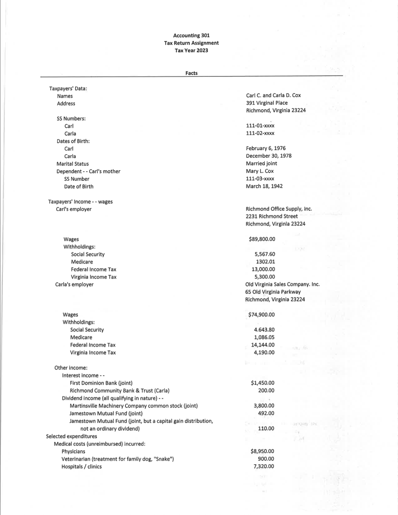 Accounting 3 0 1 Tax Return Assignment Tax Year 2