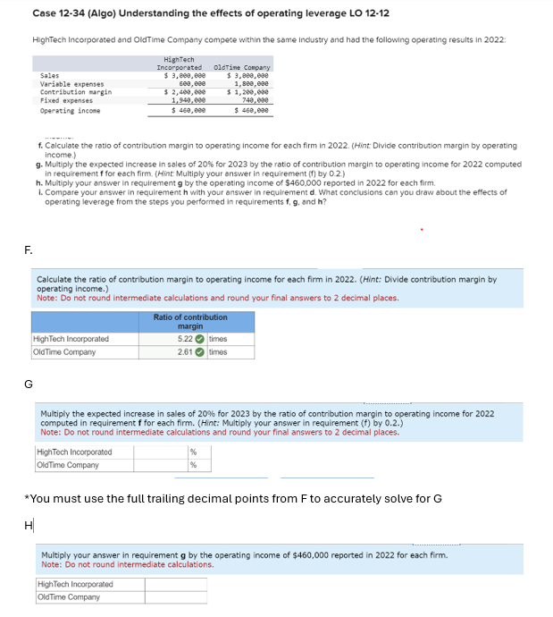 Please answer G and H Case 1 2 - 3 4 ( Algo )