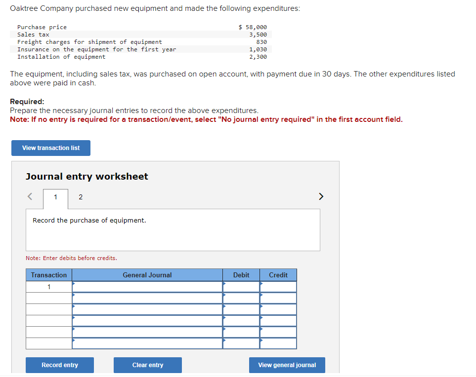 Oaktree Company purchased new equipment and made