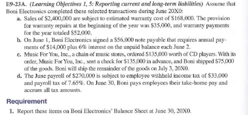 E9-23A. (Learning Objectives 1, 5: Reporting