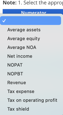 Please show calculations. Drop down menu options