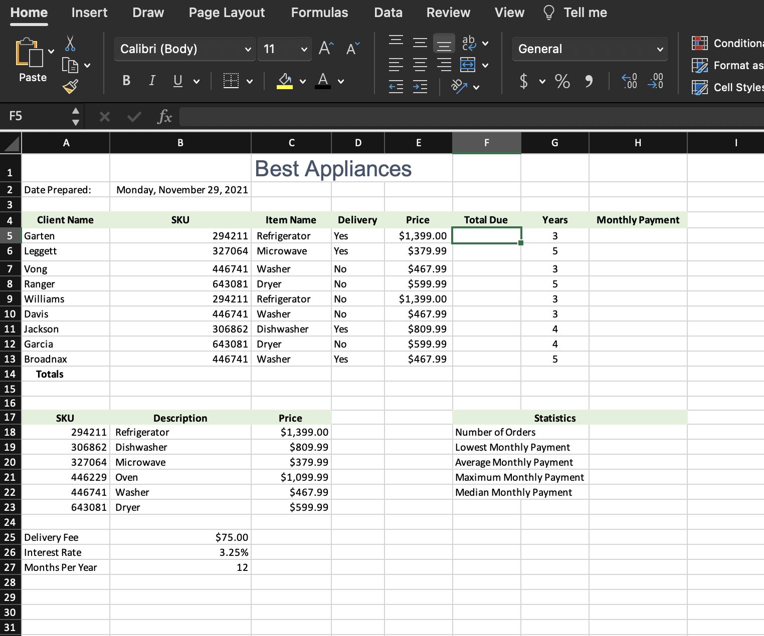 Insert an IF function in cell F5 to calculate the