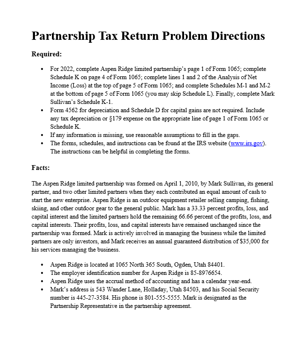 Partnership Tax Return Problem Directions