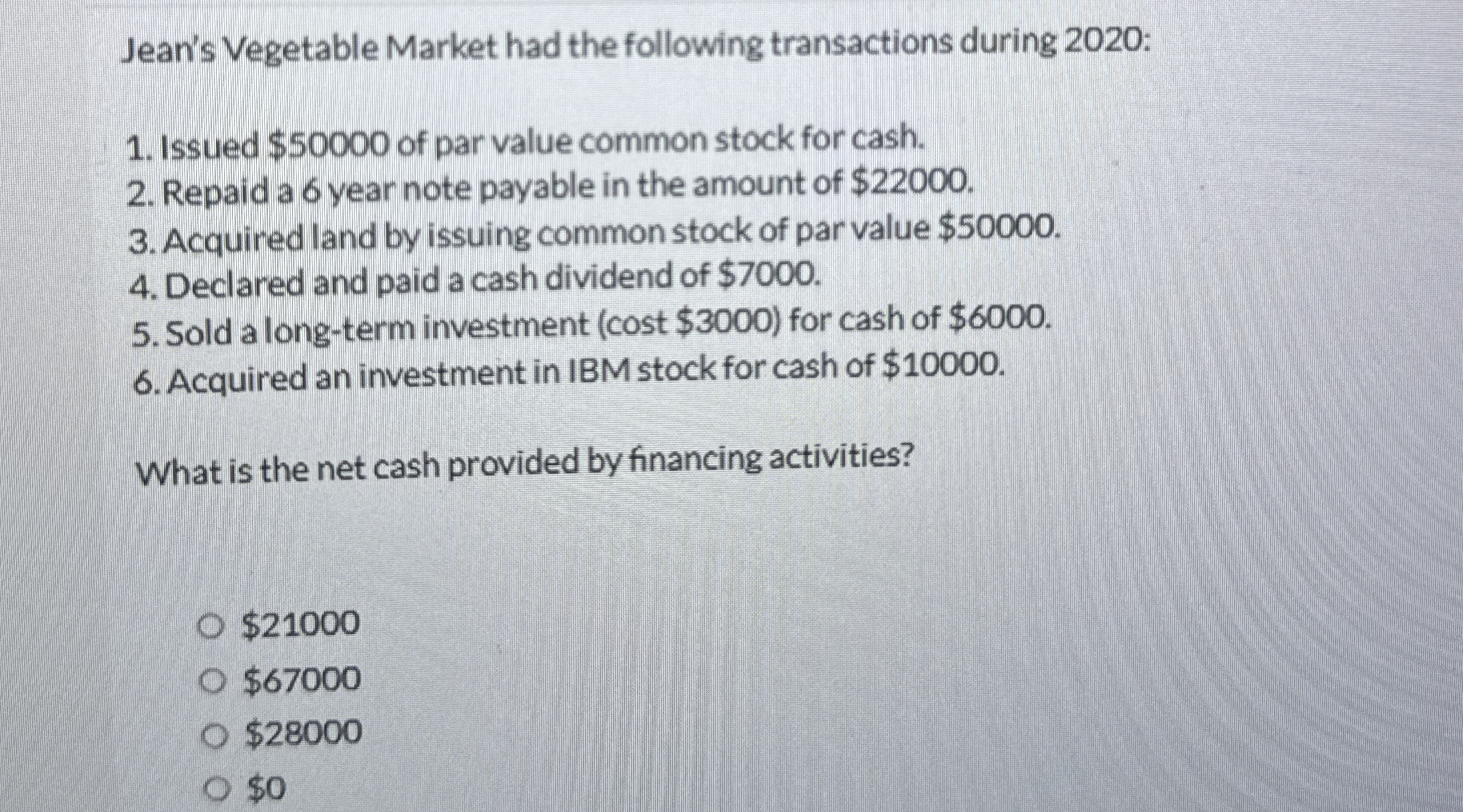 Jean's Vegetable Market had the following