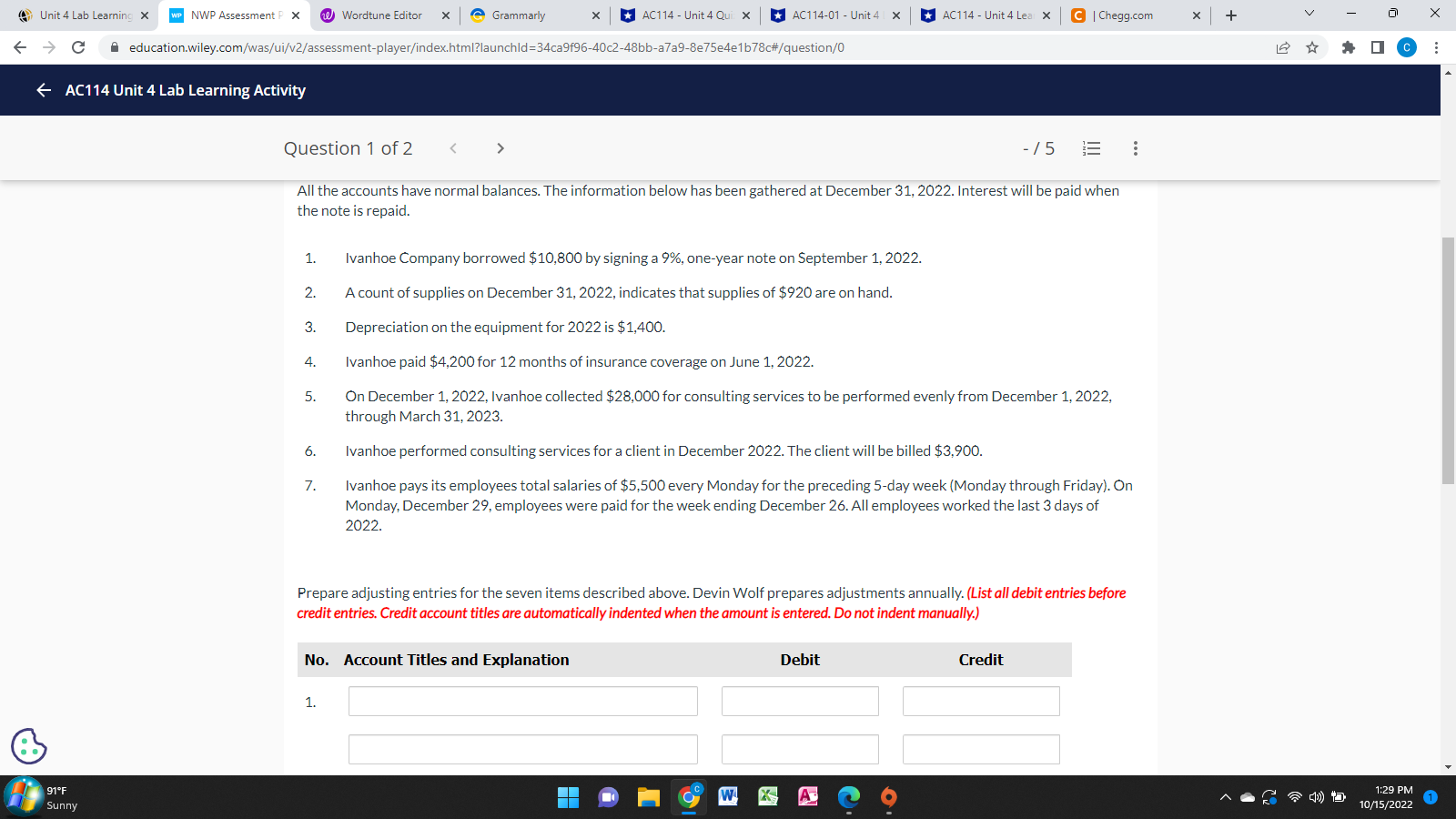 Unit 4 Lab Learning X WP NWP Assessment P X w