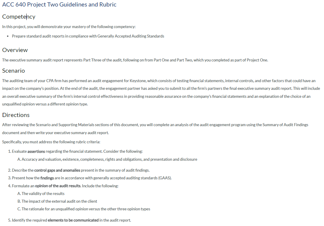 ACC 640 Project Two Guidelines and Rubric