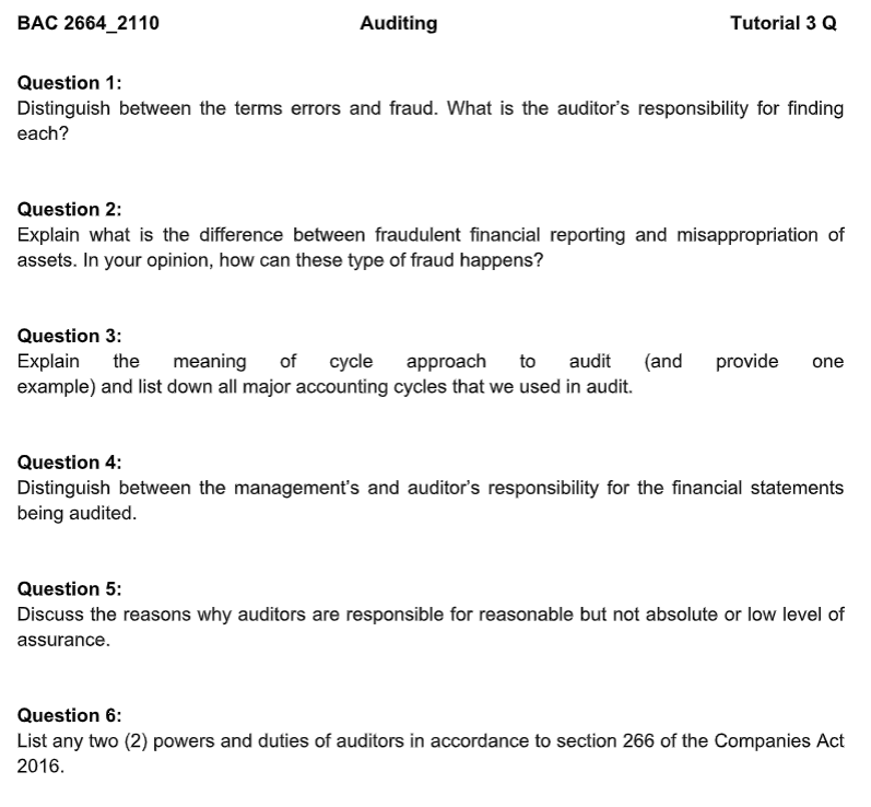 BAC 2664 2110 Auditing Tutorial 3 Q Question 1: