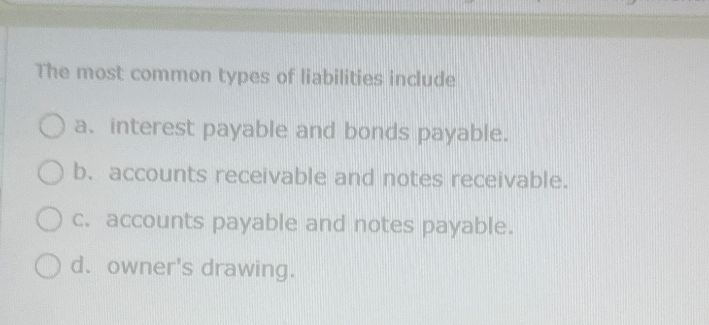 The most common types of liabilities include a .