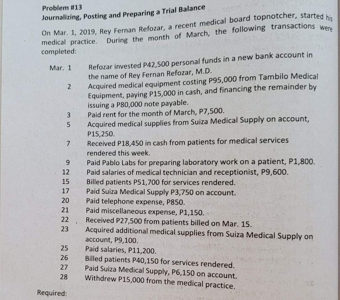 Problem #13 Journalizing, Posting and Preparing a