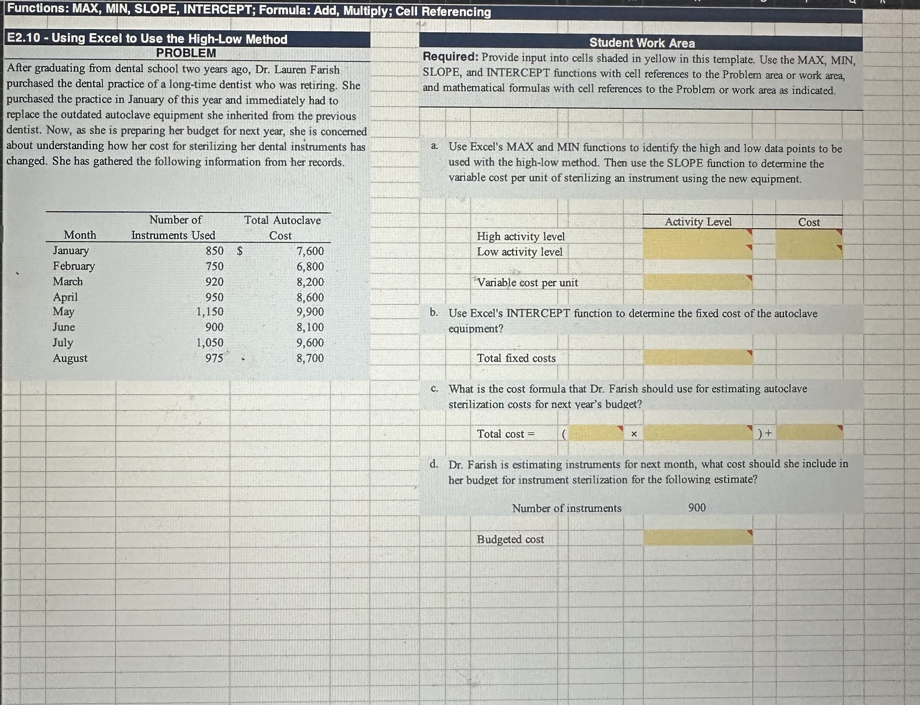 Functions: MAX, MIN, SLOPE, INTERCEPT; Formula: