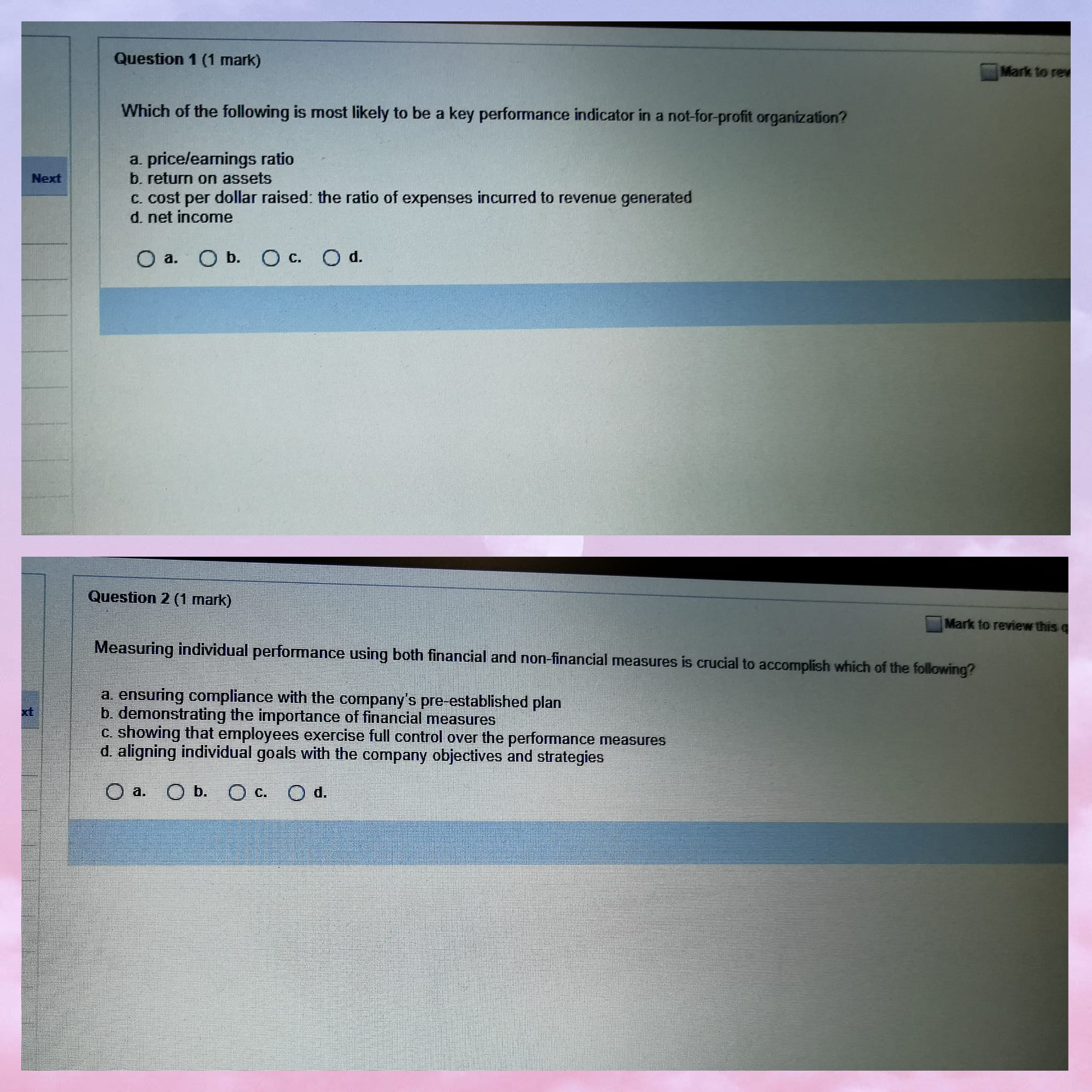 Question 1 (1 mark) Mark to res Which of the