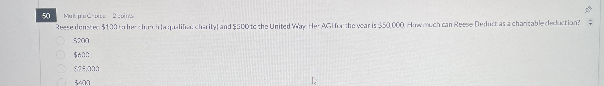 Multiple Choice 2 points Reese donated $ 1 0 0 to