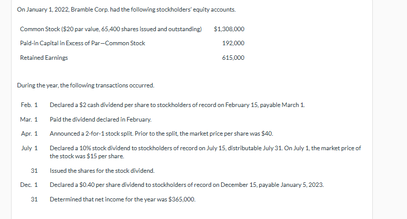 On January 1 , 2 0 2 2 , Bramble Corp. had the